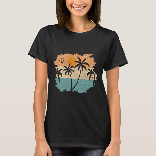 Summer Vacation Retro Sunset Beach Palms Tree Pock T-Shirt (Front)