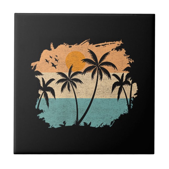 Summer Vacation Retro Sunset Beach Palms Tree Pock Tile (Front)