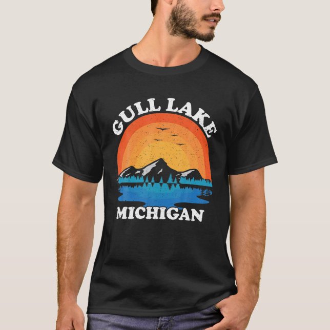Summer Vacation Retro Sunset Michigan Gull Lake T-Shirt (Front)