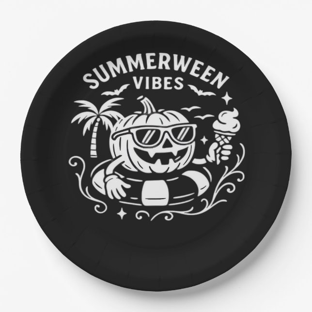 Summer Vacation Summerween Vibes Pumpkin Pool Floa Paper Plate (Front)