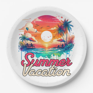 Summer Vacation Tropical Sunset Beach Retro Design Paper Plate