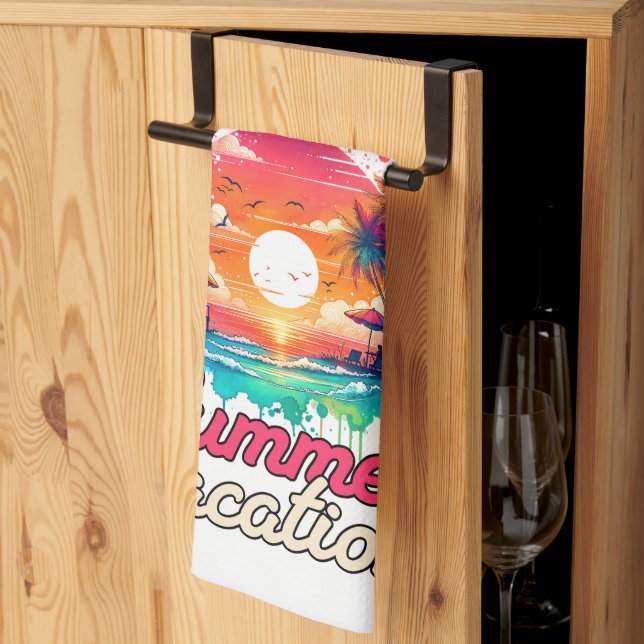 Summer Vacation Tropical Sunset Beach Retro Design Tea Towel (Thirds Fold)