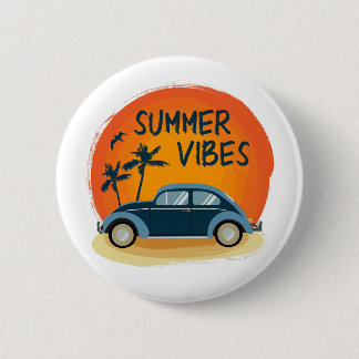 summer vibe with retro car on the beach 6 cm round badge