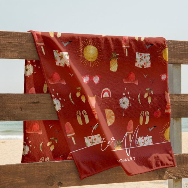 Summer Vibes | Boho Retro Summer Monogram  Beach Towel (Creator Uploaded)