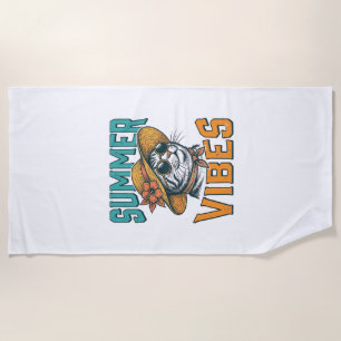 Summer Vibes Cat Vintage Engraving Design_1 Beach Towel