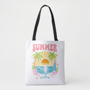 "Summer Vibes" Cheerful Boho Beach Palm Trees Tote Bag