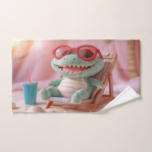 Summer Vibes: Chillin' Plush Crocodile on Vacation Hand Towel