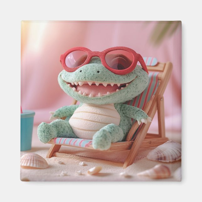 Summer Vibes: Chillin' Plush Crocodile on Vacation Magnet (Front)