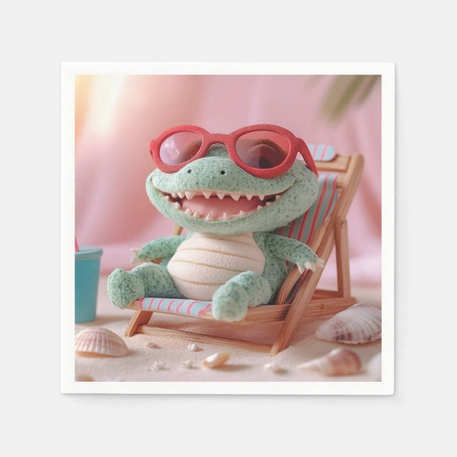 Summer Vibes: Chillin' Plush Crocodile on Vacation Napkin (Front)