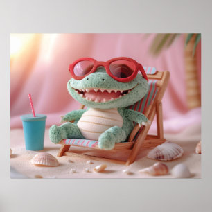 Summer Vibes: Chillin' Plush Crocodile on Vacation Poster