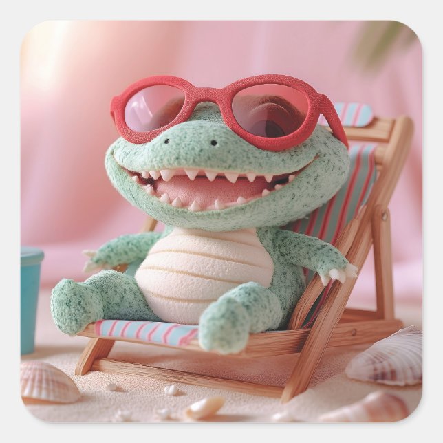 Summer Vibes: Chillin' Plush Crocodile on Vacation Square Sticker (Front)
