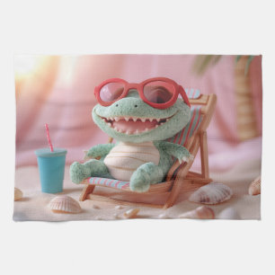Summer Vibes: Chillin' Plush Crocodile on Vacation Tea Towel