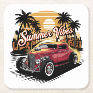 Summer Vibes Classic Car Square Paper Coaster