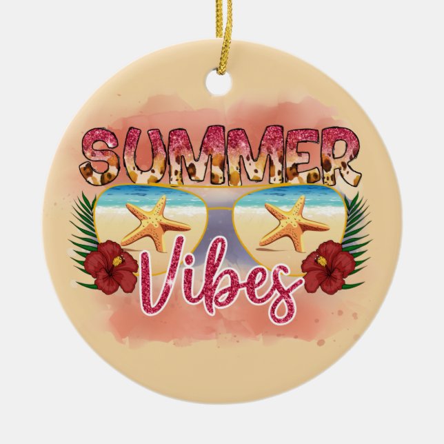 Summer Vibes | Coastal Beach Sunglasses Design Ceramic Tree Decoration (Front)
