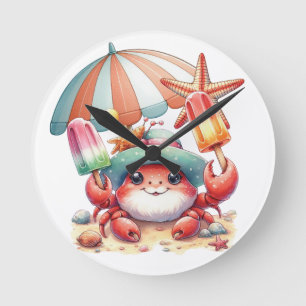 Summer Vibes Crab with Popsicles Round Clock