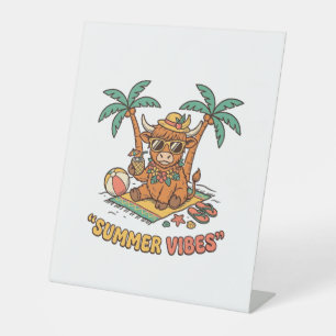 Summer Vibes Cute Highland Cow Beach Vacation Shir Pedestal Sign