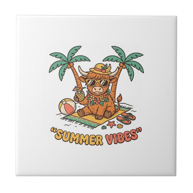 Summer Vibes Cute Highland Cow Beach Vacation Shir Tile (Front)