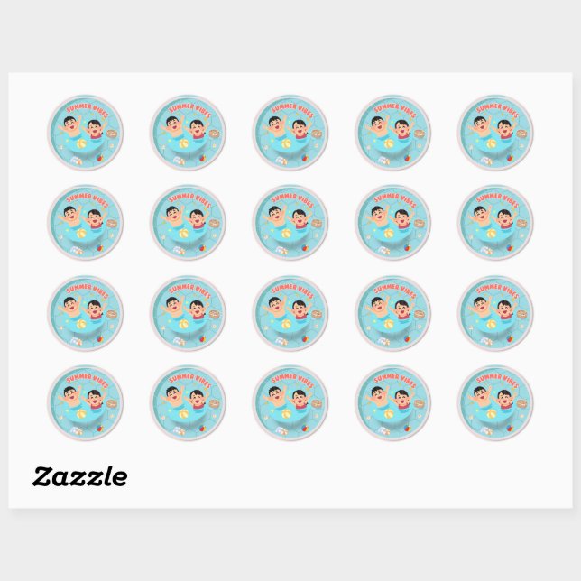 Summer Vibes Cute Pool Party Round Sticker for Kid (Sheet)
