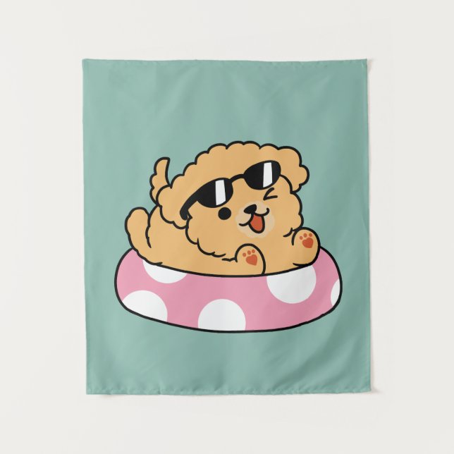 Summer Vibes Dog – Floating Puppy with Sunglasses Tapestry (Front)