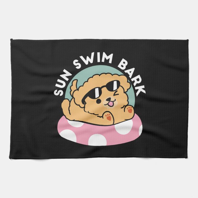 Summer Vibes Dog – Floating Puppy with Sunglasses Tea Towel (Horizontal)