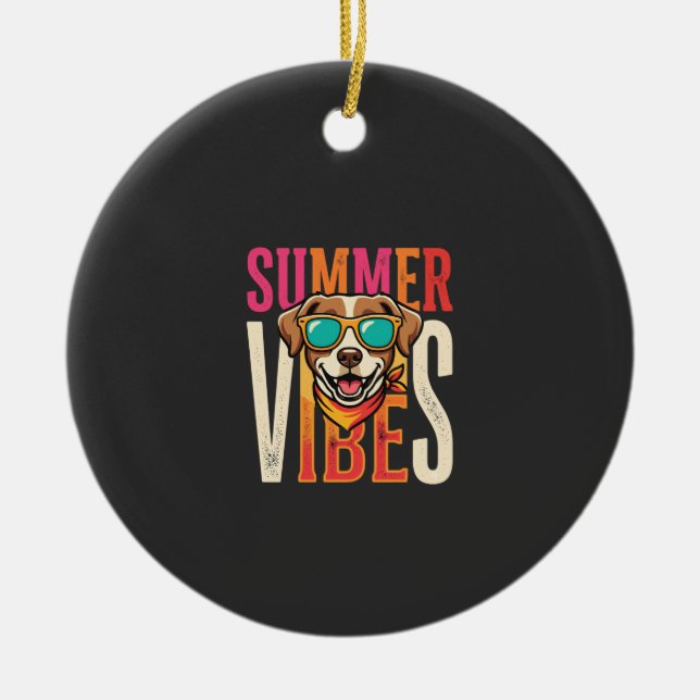 Summer Vibes Dog Sunglasses Ceramic Tree Decoration (Front)