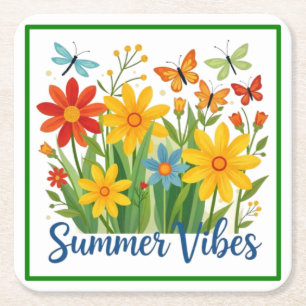 Summer Vibes Floral with Butterflies Square Paper Coaster