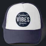 Summer Vibes Forever White & Navy Blue Text Trucker Hat<br><div class="desc">Cool white modern text design-Summer Vibes forever with palm trees illustration on midnight blue circle.
Other colors can be requested by email.</div>