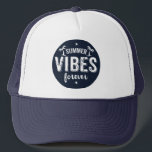 Summer Vibes Forever White & Navy Blue Text Trucker Hat<br><div class="desc">Cool white modern text design-Summer Vibes forever with palm trees illustration on midnight blue circle.
Other colors can be requested by email.</div>