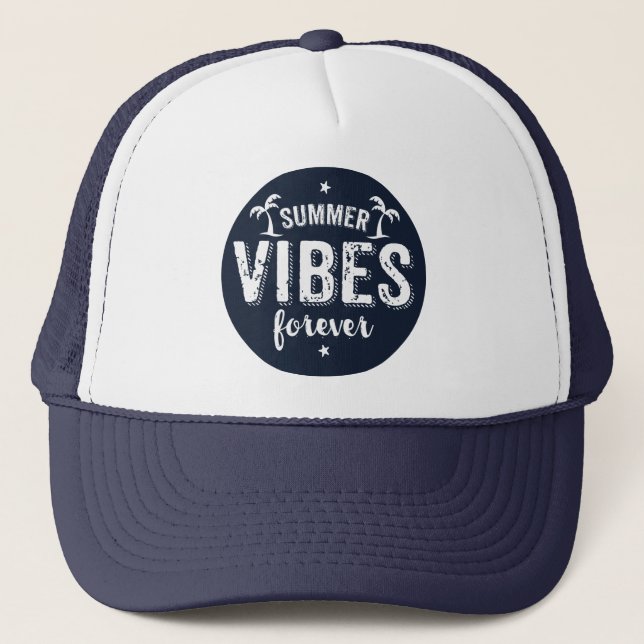 Summer Vibes Forever White & Navy Blue Text Trucker Hat (Front)