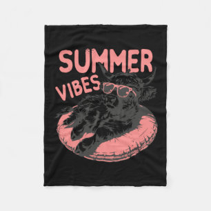 Summer Vibes Funny Highland Cow Beach Float Retro Fleece Blanket
