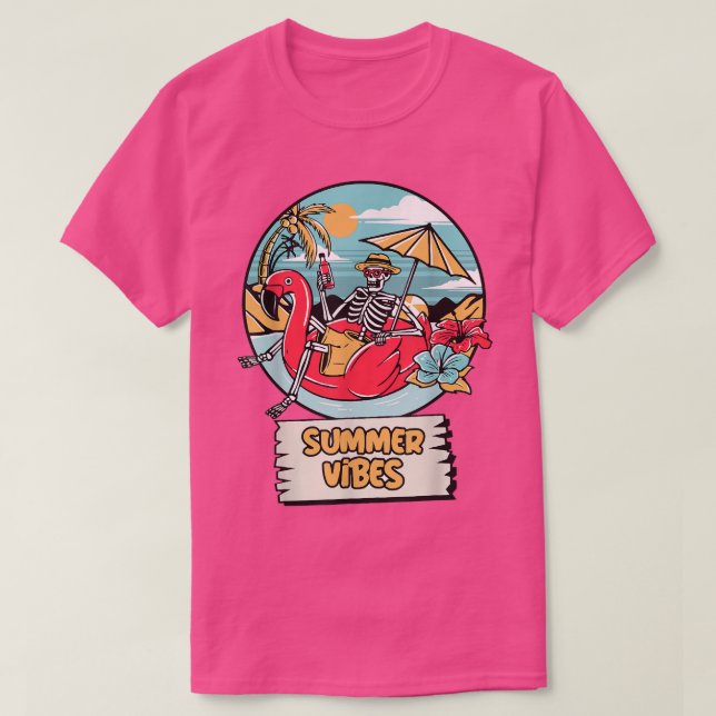 Summer Vibes Funny Skeleton Flamingo Beach Summer  T-Shirt (Design Front)