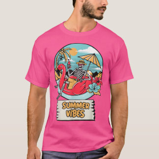 Summer Vibes Funny Skeleton Flamingo Beach Summer T-Shirt