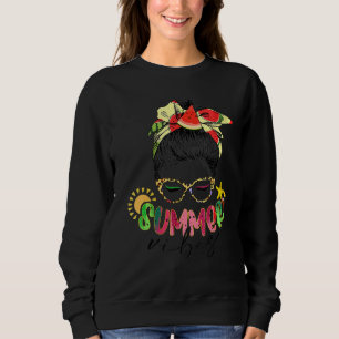 Summer Vibes Leopard Messy Bun Hair Watermelon Day Sweatshirt