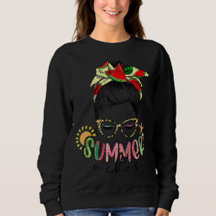 Summer Vibes Leopard Messy Bun Hair Watermelon Day Sweatshirt