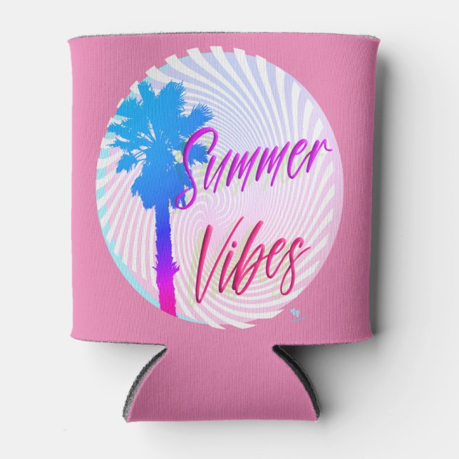 Summer Vibes Neon Palm Tree Beach Lifestyle Can Cooler (Front)