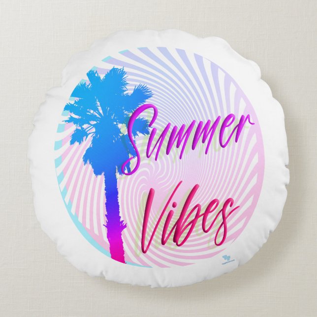 Summer Vibes Neon Palm Tree Beach Lifestyle Round Cushion (Front)
