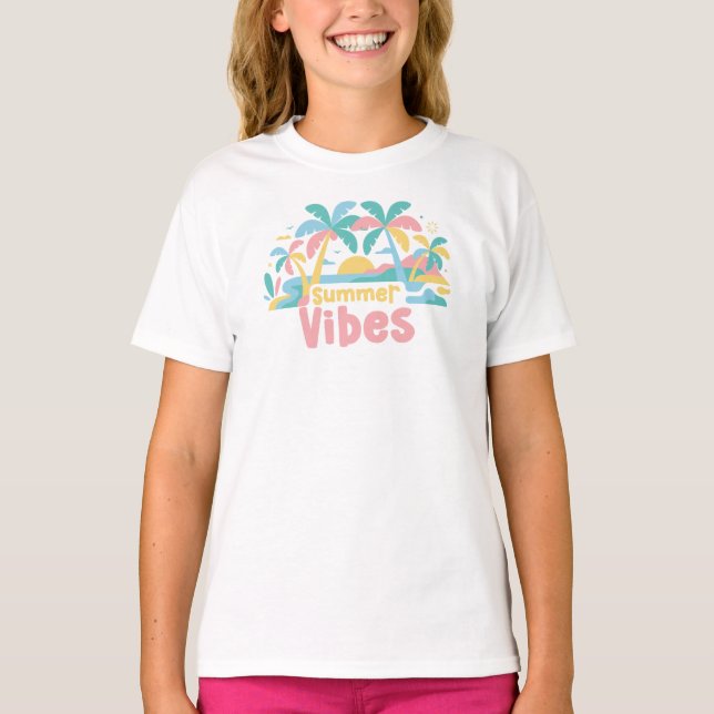 Summer Vibes, Palm Tree Beach Graphic  T-Shirt (Front)