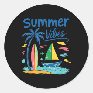 Summer Vibes Palm Tree Surfboard Sailboat Classic Round Sticker