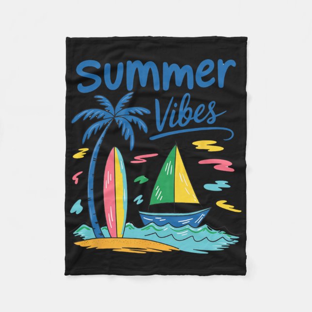 Summer Vibes Palm Tree Surfboard Sailboat  Fleece Blanket (Front)