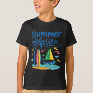 Summer Vibes Palm Tree Surfboard Sailboat T-Shirt