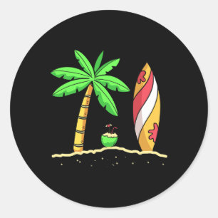 Summer Vibes Palm Trees Surfboard Surfer Coconut S Classic Round Sticker