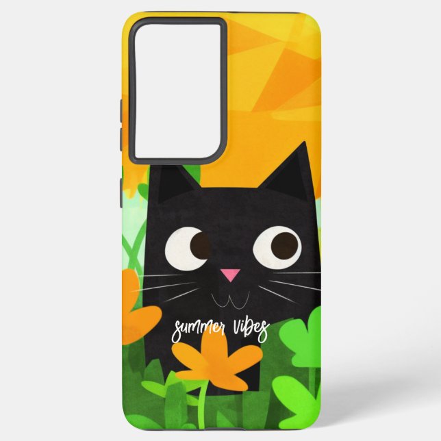 Summer Vibes Personalised Floral Black Cat Samsung Galaxy S21 Ultra Case (Back)