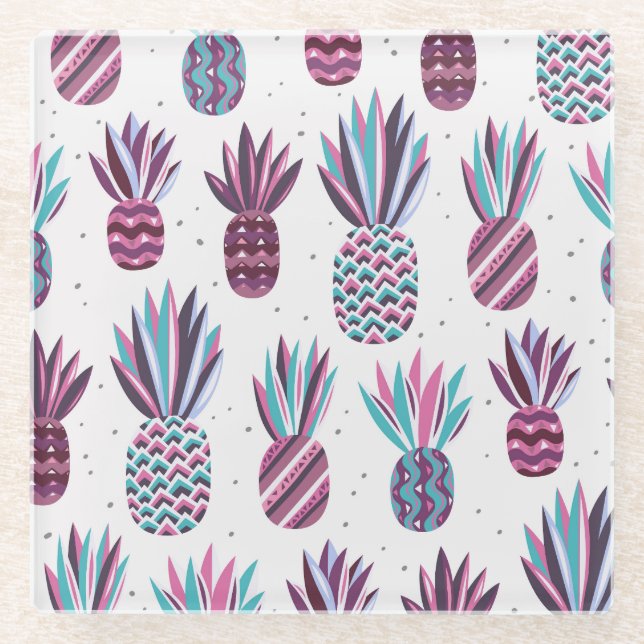 Summer Vibes: Pineapple Pattern, Colourful Dots Glass Coaster (Front)