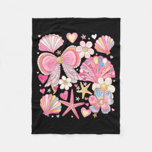 Summer Vibes Pink Coquette Bow Seashell Beach Fleece Blanket