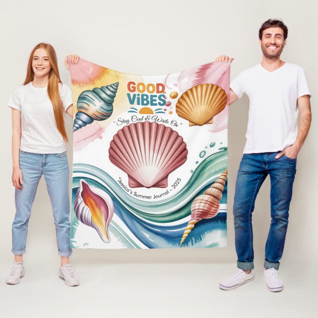 Summer Vibes Retro Beach Illustration Fleece Blanket (In Situ)