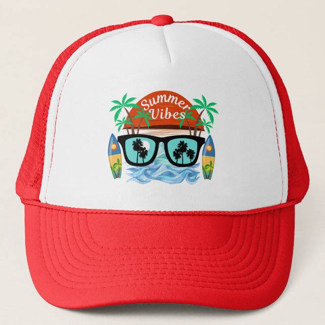 Summer Vibes Retro Palm Tree Sunglasses Beach Suns Trucker Hat (Front)