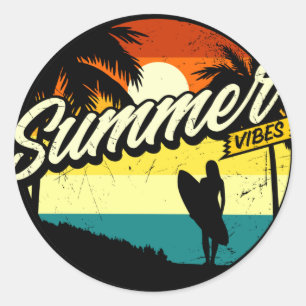 Summer Vibes Retro Silhouette Classic Round Sticker