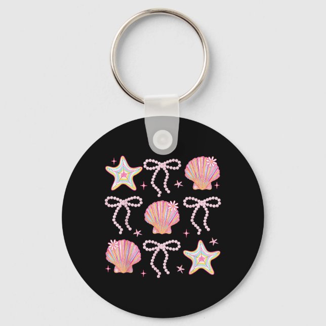 Summer Vibes Seashell Pink Coastal Coquette Bow Key Ring (Front)