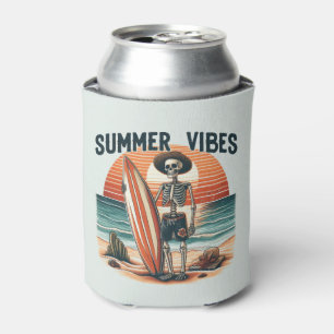 Summer Vibes Skeleton Surfer Sunset Beach Design Can Cooler