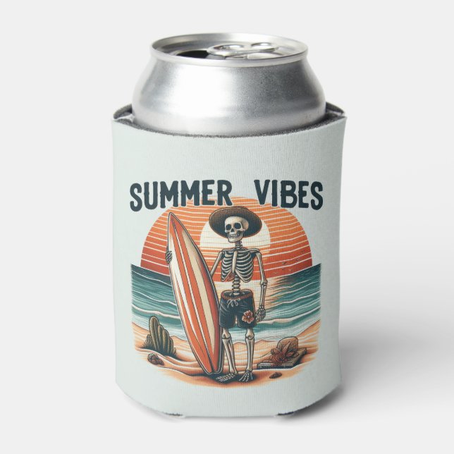 Summer Vibes Skeleton Surfer Sunset Beach Design Can Cooler (Can Front)